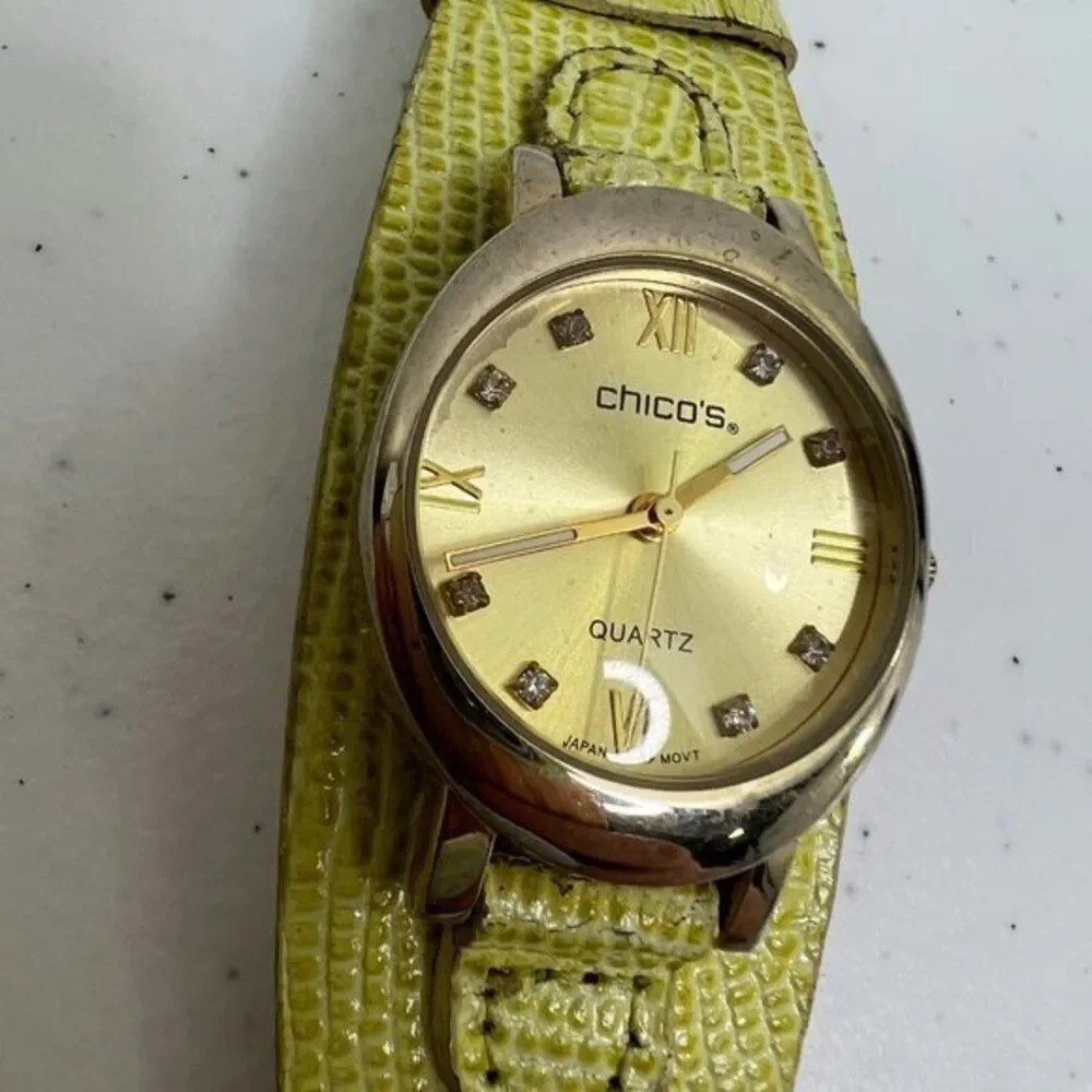 Chicos Watch Green‎ Yellow Leather Croc Embossed Silver Tone Quartz